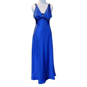 Long Satin V-Neck Chemise in Cobalt Blue